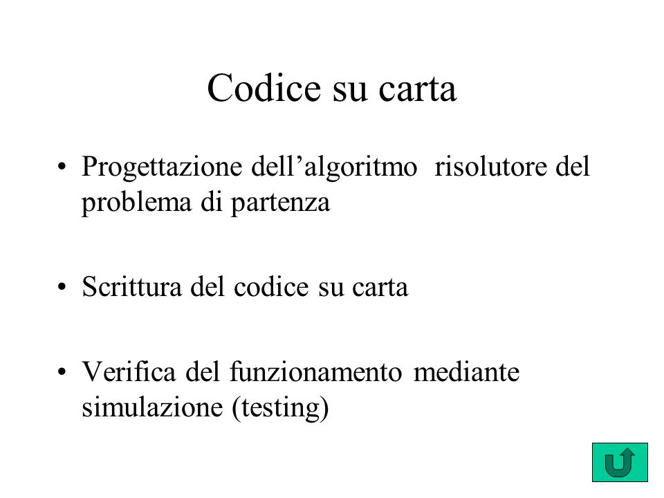 Codice su carta Progettazione dell’algoritmo risolutore del problema di partenza. Scrittura del codice su carta.
