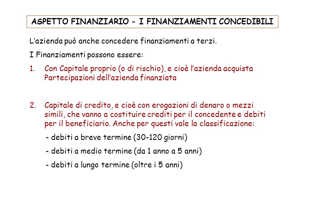ASPETTO FINANZIARIO - I FINANZIAMENTI CONCEDIBILI
