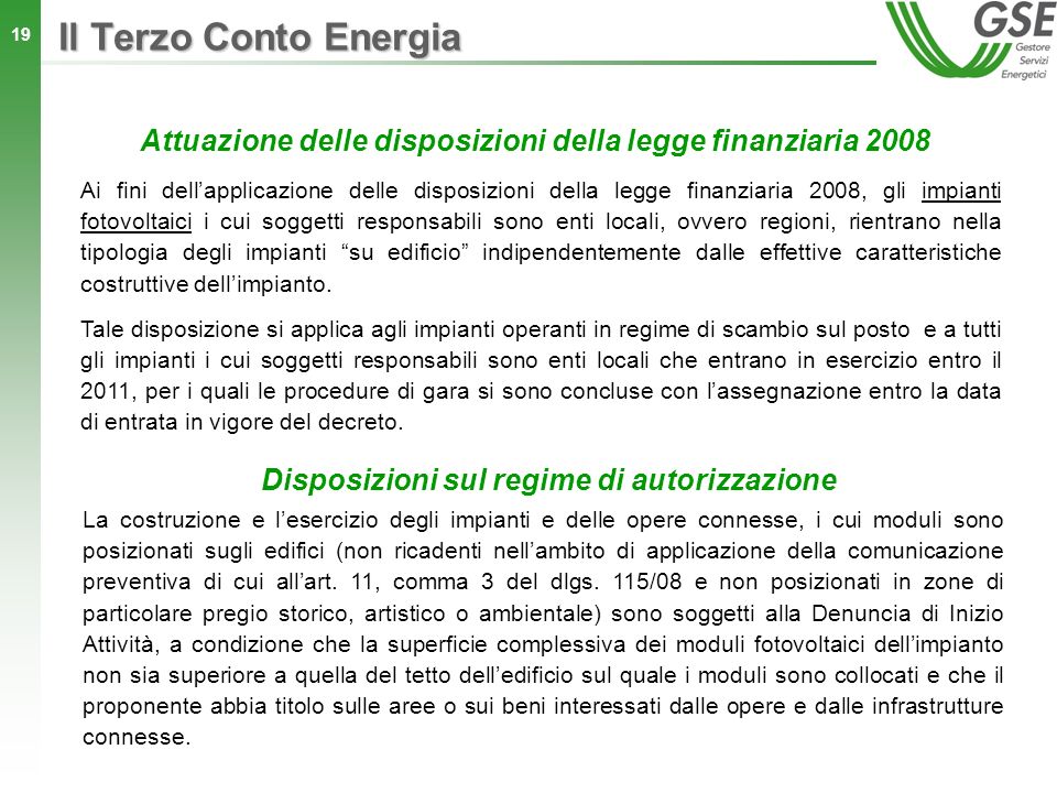 Il Terzo Conto Energia Attuazione delle disposizioni della legge finanziaria