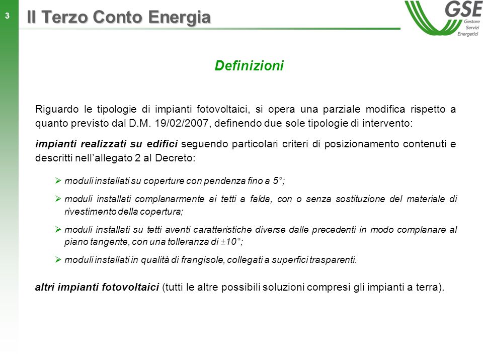 Il Terzo Conto Energia Definizioni
