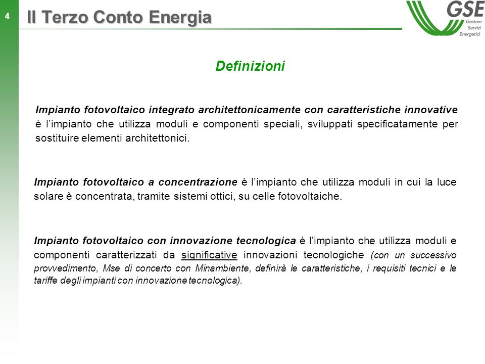 Il Terzo Conto Energia Definizioni