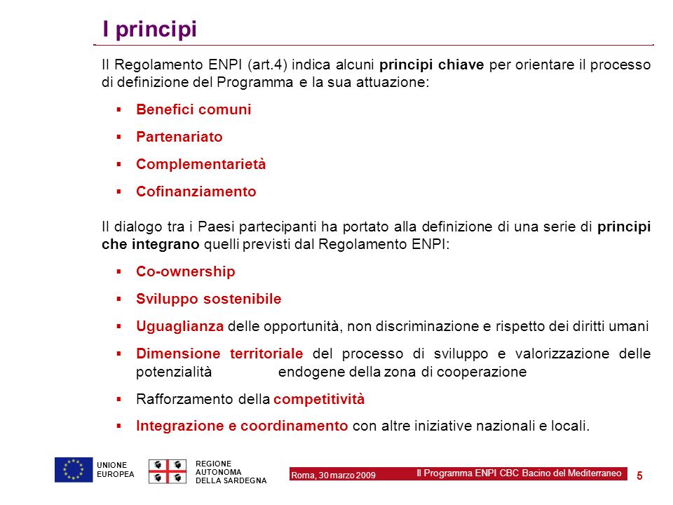 I principi Il Regolamento ENPI (art.4) indica alcuni principi chiave per orientare il processo di definizione del Programma e la sua attuazione: