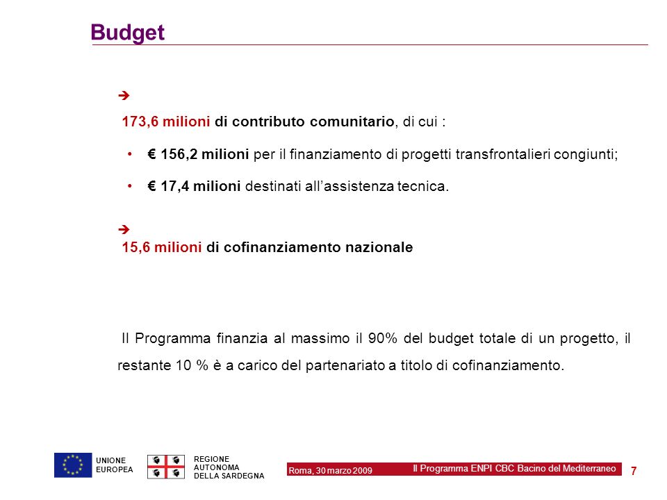 Budget € 173,6 milioni di contributo comunitario, di cui : € 156,2 milioni per il finanziamento di progetti transfrontalieri congiunti;