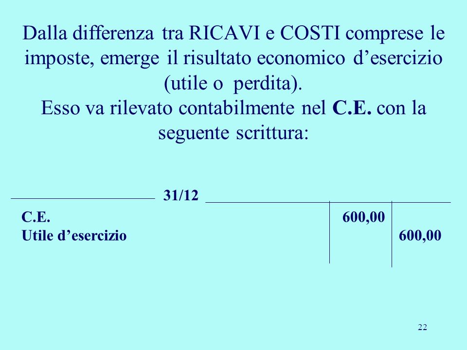 Dalla differenza tra RICAVI e COSTI comprese le imposte, emerge il risultato economico d’esercizio (utile o perdita). Esso va rilevato contabilmente nel C.E. con la seguente scrittura: