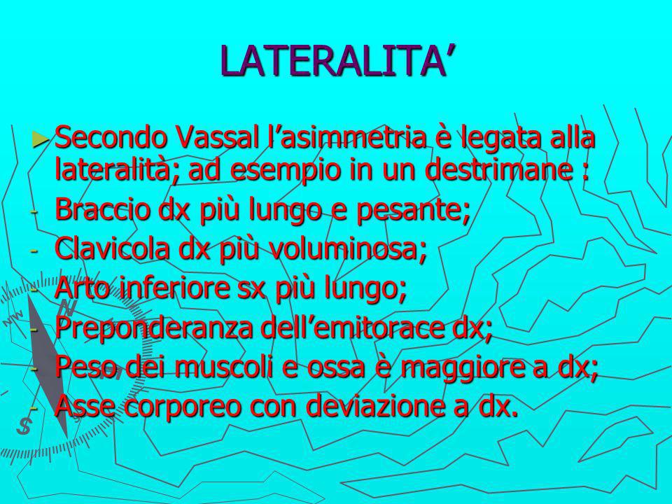 LATERALITA’ Secondo Vassal l’asimmetria è legata alla lateralità; ad esempio in un destrimane : Braccio dx più lungo e pesante;