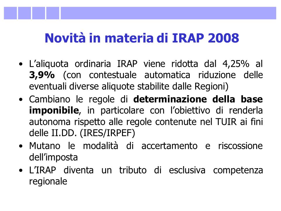 Novità in materia di IRAP 2008