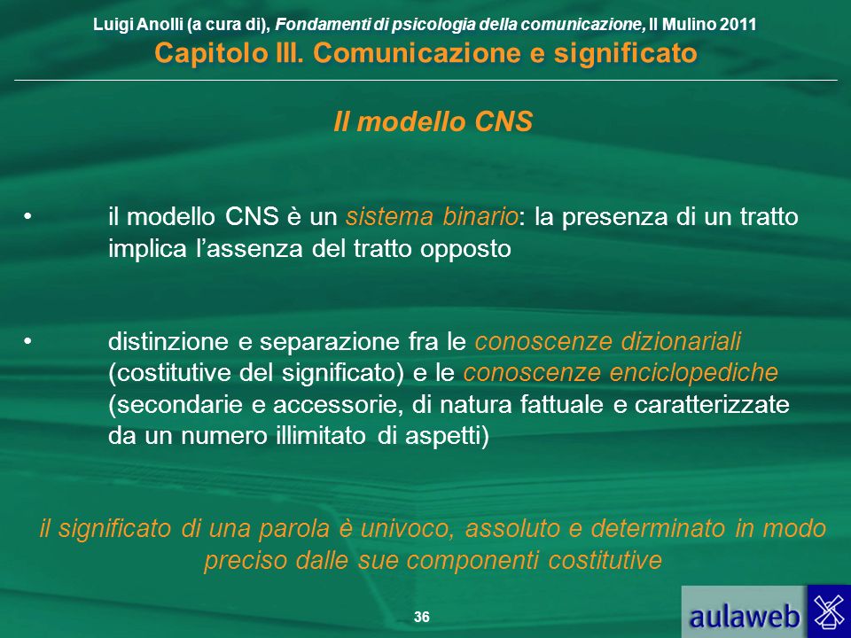 Il modello CNS il modello CNS è un sistema binario: la presenza di un tratto implica l’assenza del tratto opposto.