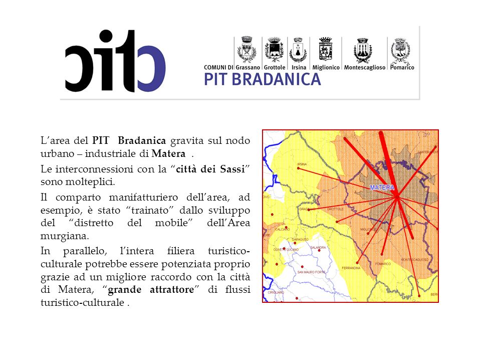 L’area del PIT Bradanica gravita sul nodo urbano – industriale di Matera .