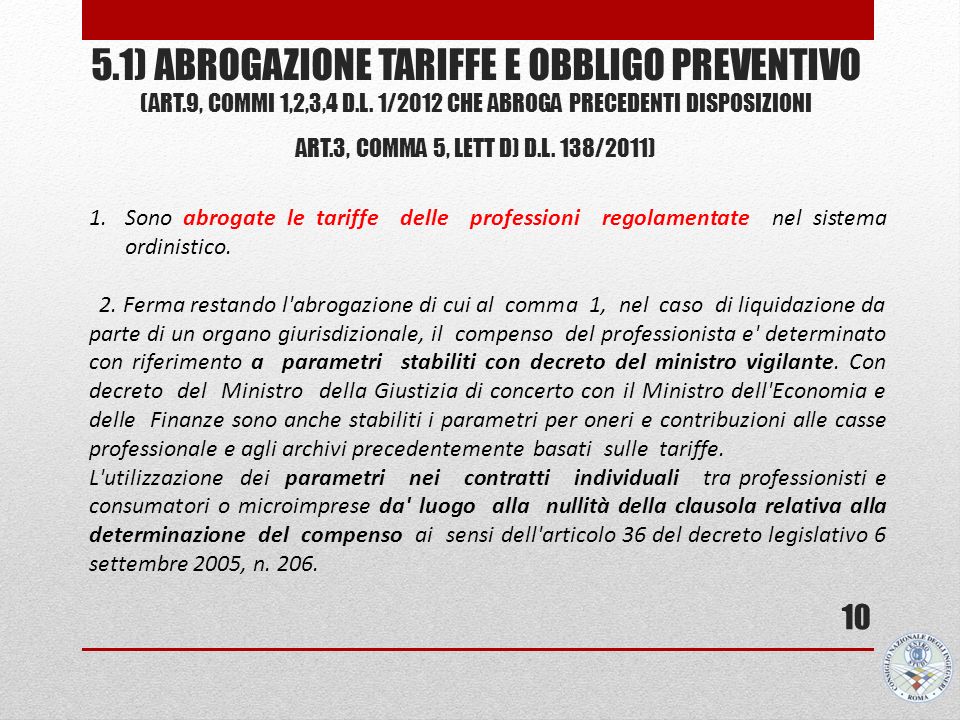 5.1) ABROGAZIONE TARIFFE E OBBLIGO PREVENTIVO (ART.9, COMMI 1,2,3,4 d.L. 1/2012 CHE ABROGA PRECEDENTI DISPOSIZIONI ART.3, COMMA 5, LETT D) D.L. 138/2011)