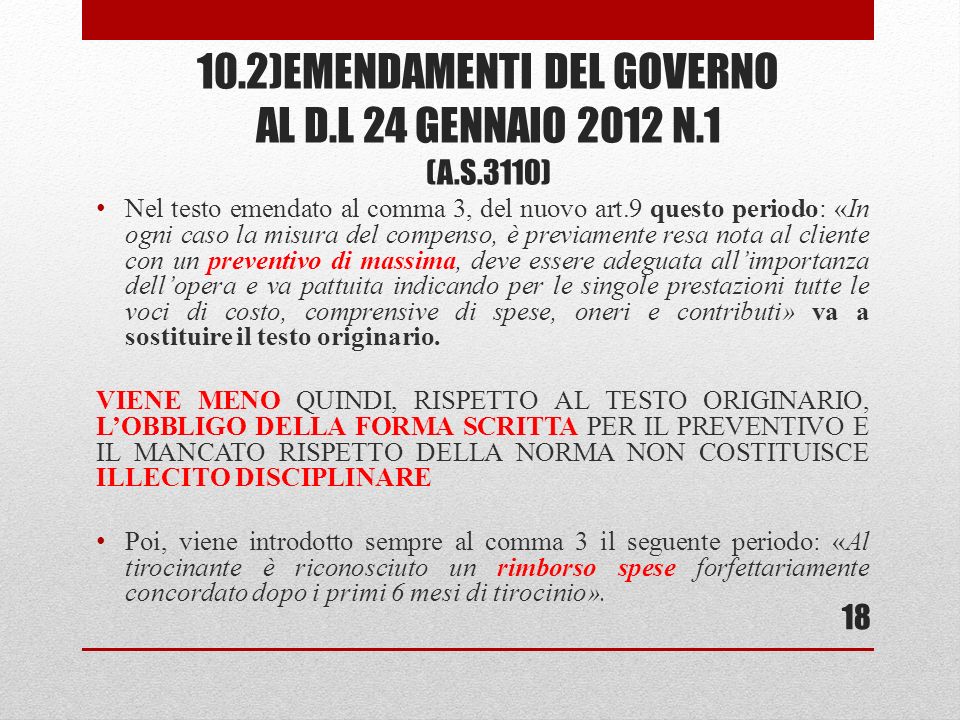 10.2)EMENDAMENTI DEL GOVERNO AL D.L 24 GENNAIO 2012 N.1 (A.S.3110)