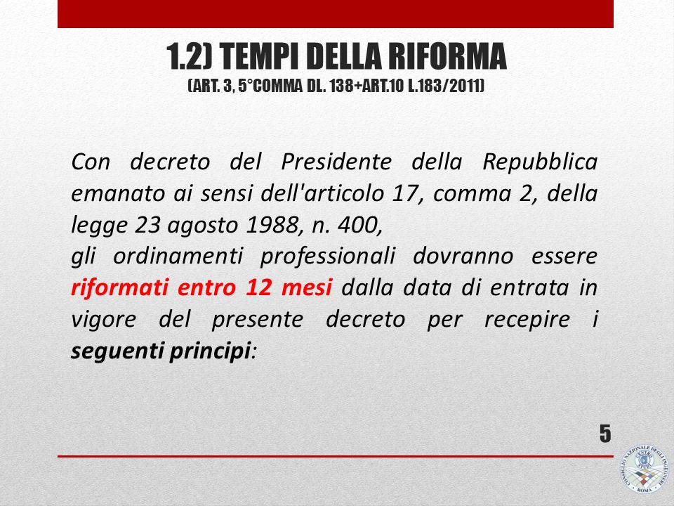 1.2) TEMPI DELLA RIFORMA (art. 3, 5°comma DL. 138+ART.10 L.183/2011)