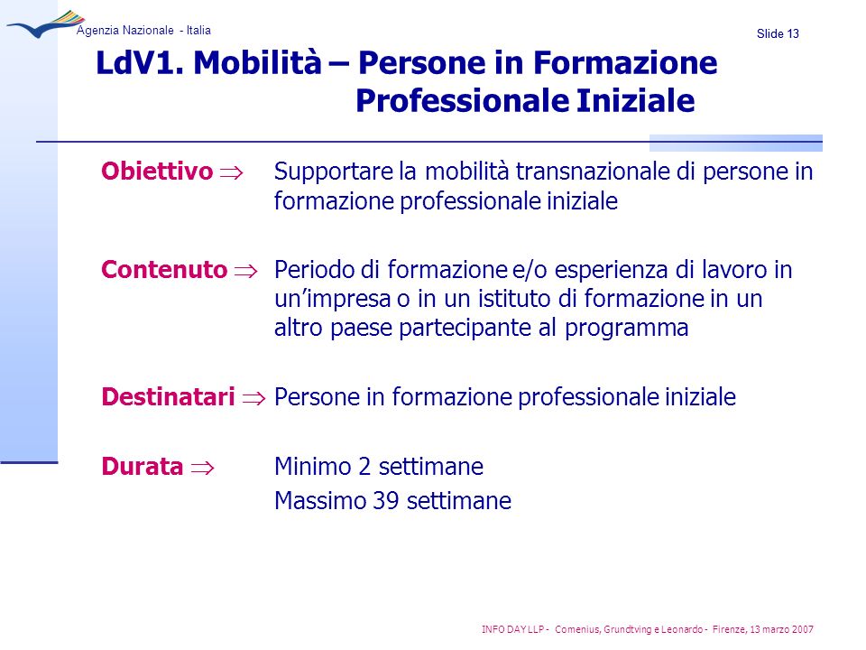 LdV1. Mobilità – Persone in Formazione Professionale Iniziale