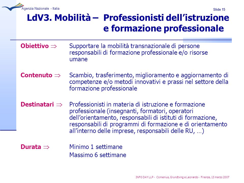 LdV3. Mobilità –. Professionisti dell’istruzione