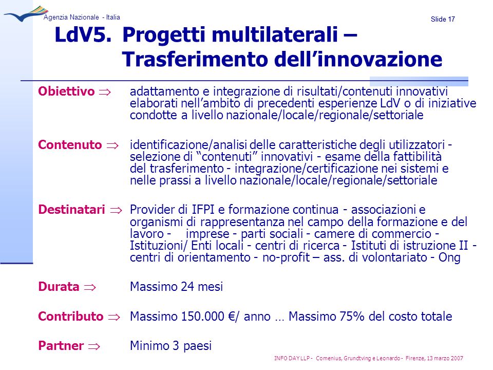 LdV5. Progetti multilaterali – Trasferimento dell’innovazione