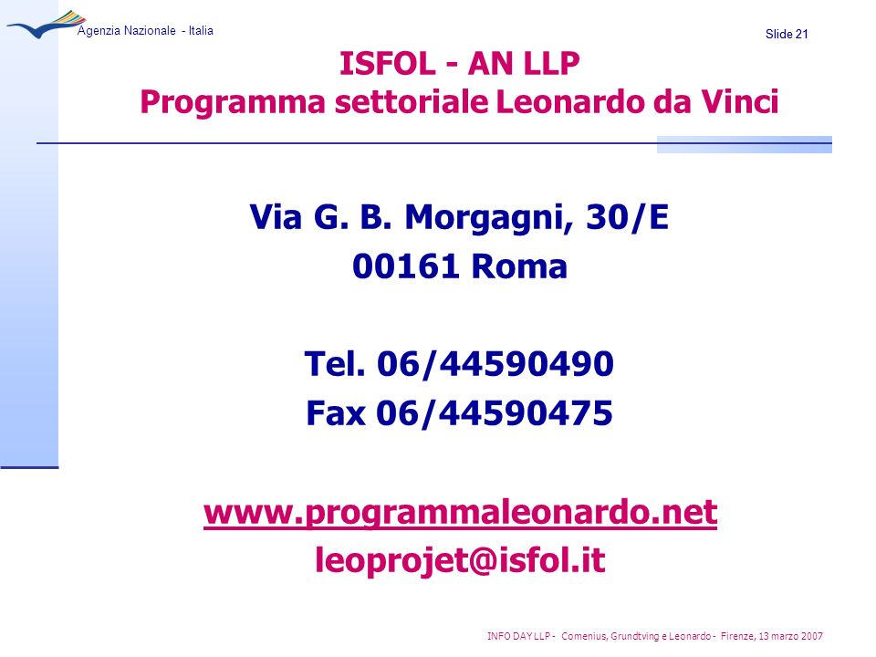 ISFOL - AN LLP Programma settoriale Leonardo da Vinci