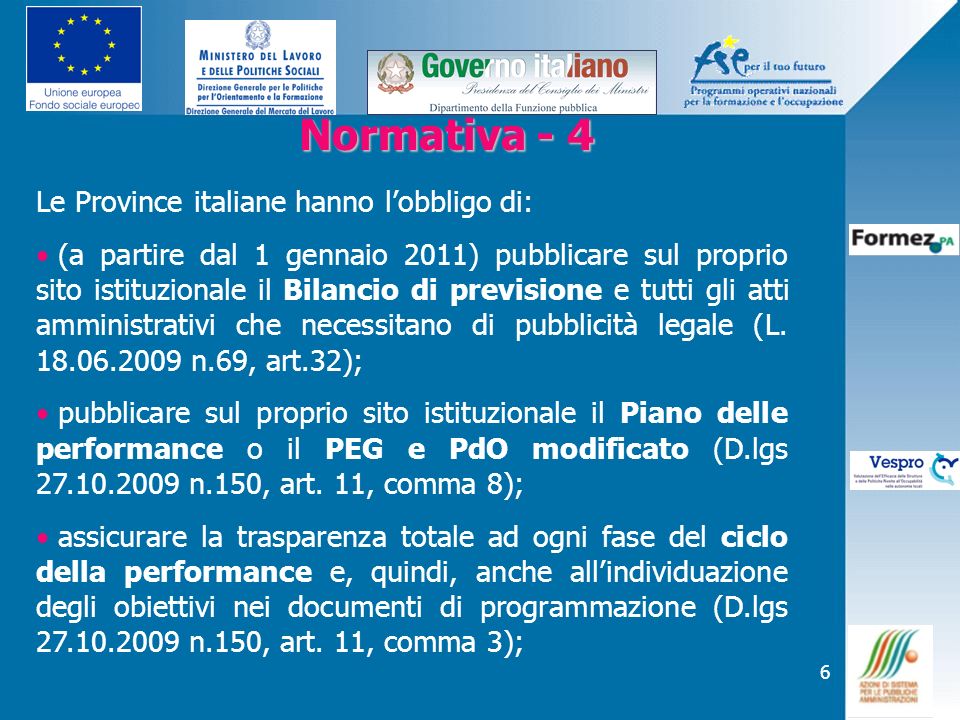 Normativa - 4 Le Province italiane hanno l’obbligo di: