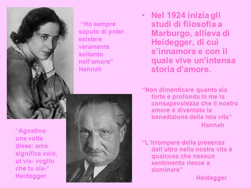Nel 1924 inizia gli studi di filosofia a Marburgo, allieva di Heidegger, di cui s’innamora e con il quale vive un’intensa storia d’amore.