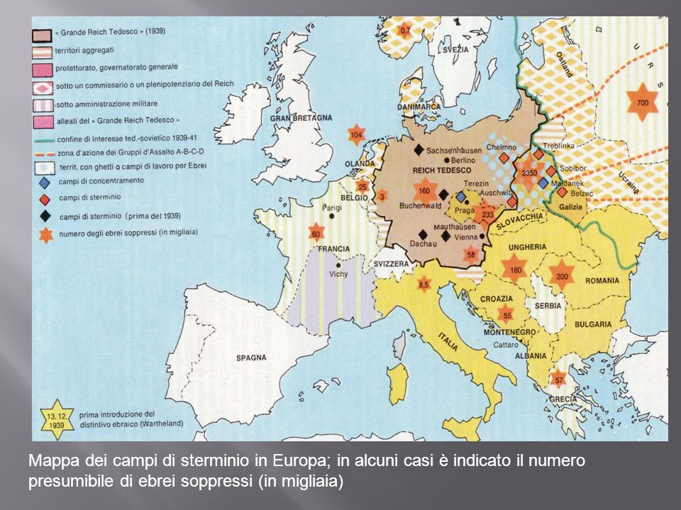 Mappa dei campi di sterminio in Europa; in alcuni casi è indicato il numero presumibile di ebrei soppressi (in migliaia)