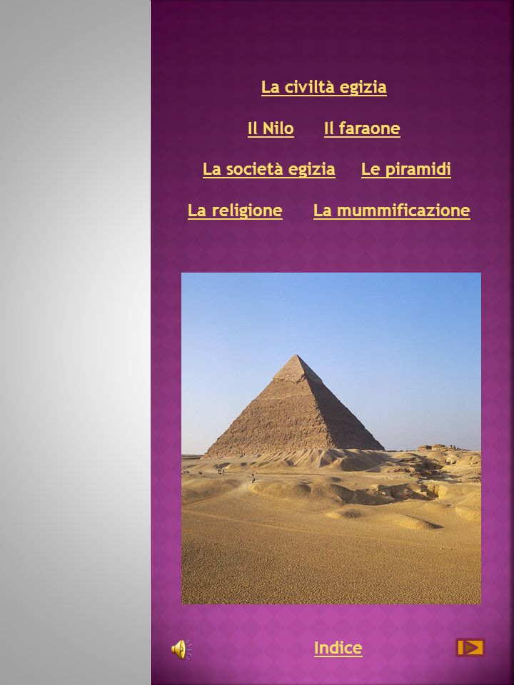 La civiltà egizia Il Nilo Il faraone La società egizia Le piramidi La religione La mummificazione