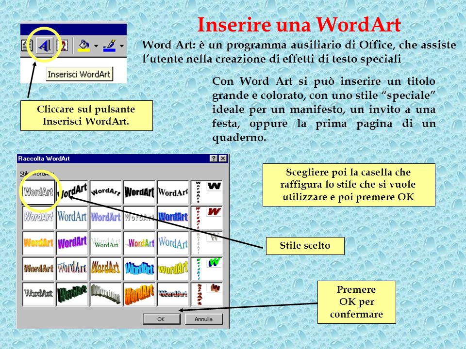 Inserire una WordArt Word Art: è un programma ausiliario di Office, che assiste l’utente nella creazione di effetti di testo speciali.
