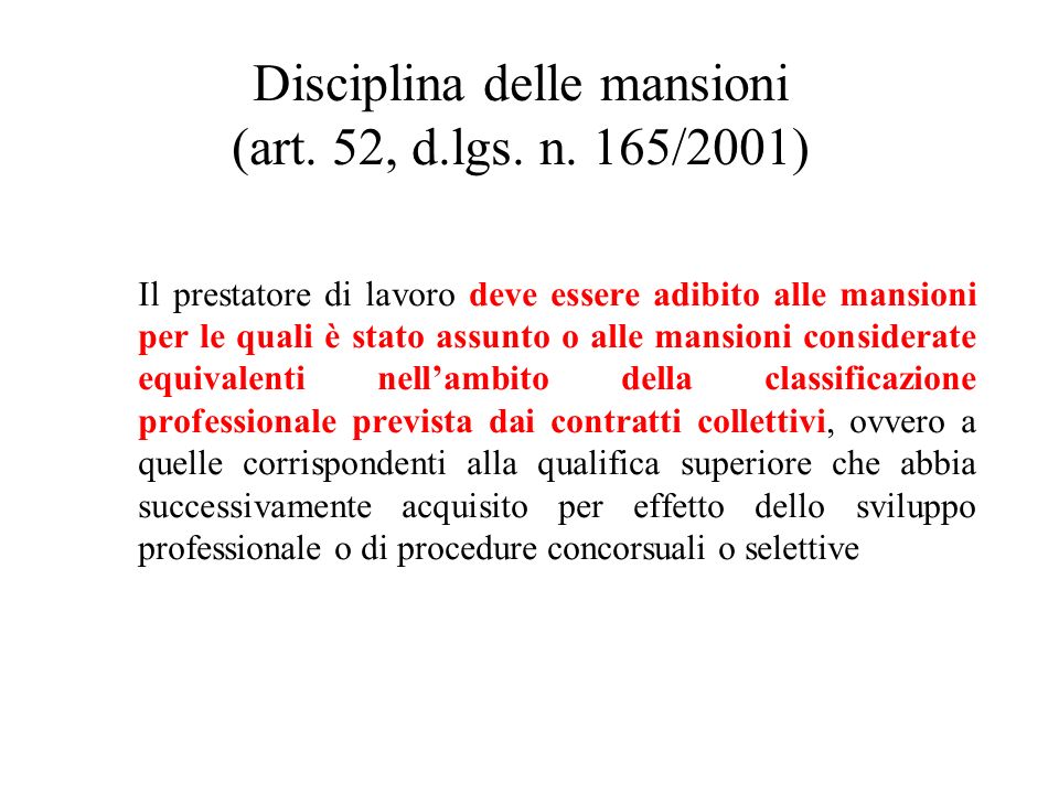 Disciplina delle mansioni (art. 52, d.lgs. n. 165/2001)