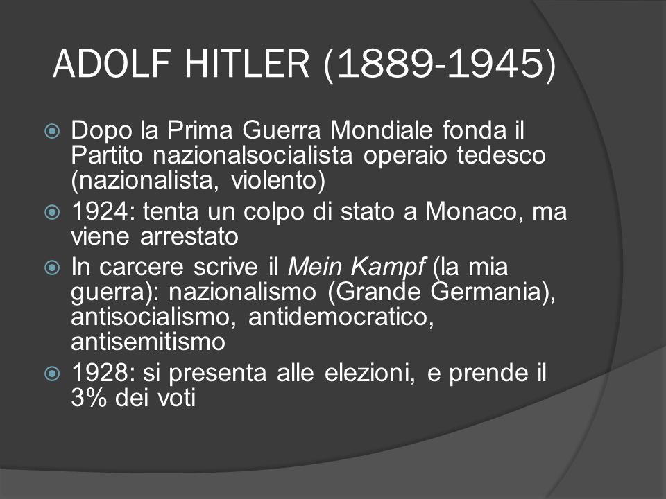 ADOLF HITLER ( ) Dopo la Prima Guerra Mondiale fonda il Partito nazionalsocialista operaio tedesco (nazionalista, violento)