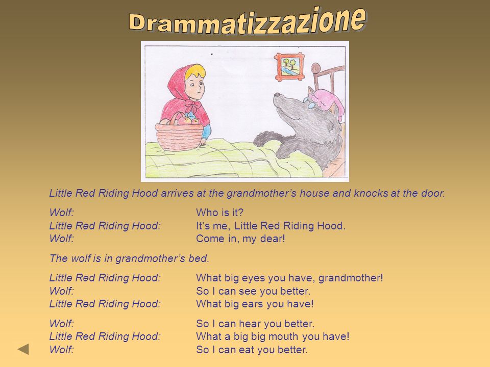 Drammatizzazione Little Red Riding Hood arrives at the grandmother’s house and knocks at the door.
