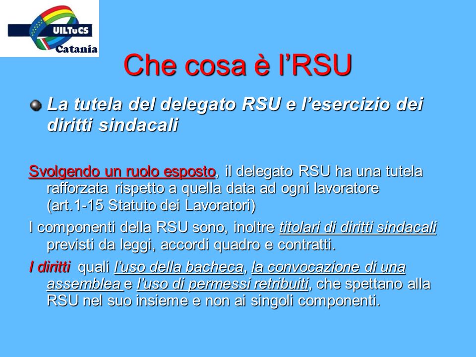 Che cosa è l’RSU La tutela del delegato RSU e l’esercizio dei diritti sindacali.