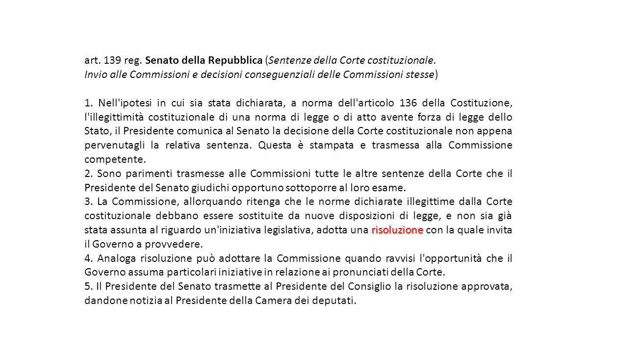 art. 139 reg. Senato della Repubblica (Sentenze della Corte costituzionale.