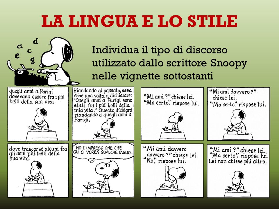 LA LINGUA E LO STILE Individua il tipo di discorso utilizzato dallo scrittore Snoopy nelle vignette sottostanti.