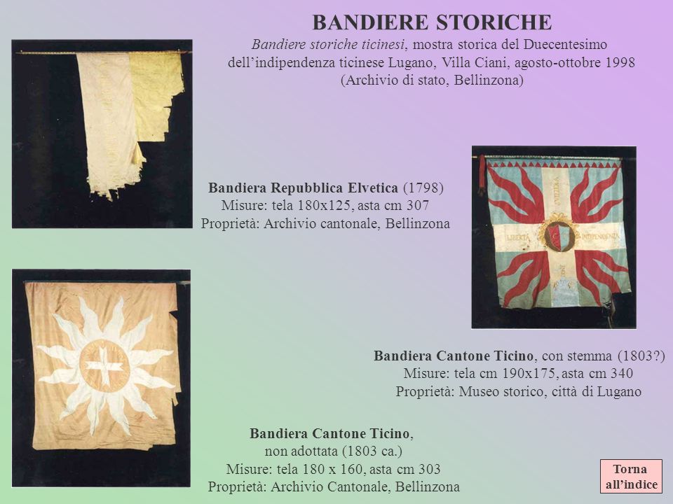 BANDIERE STORICHE Bandiere storiche ticinesi, mostra storica del Duecentesimo. dell’indipendenza ticinese Lugano, Villa Ciani, agosto-ottobre
