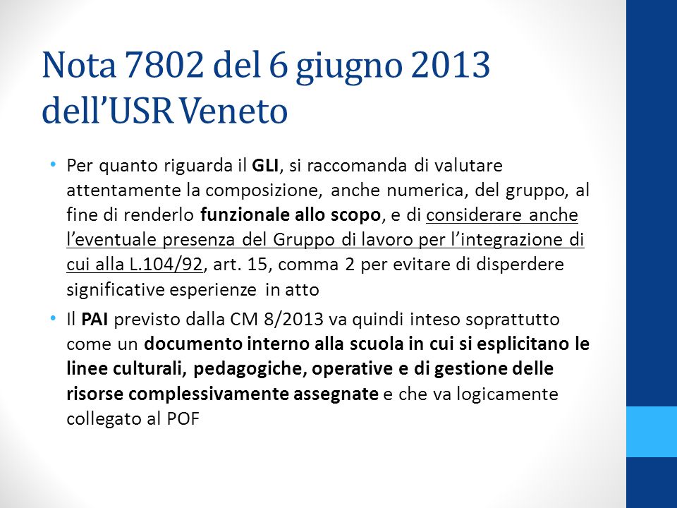 Nota 7802 del 6 giugno 2013 dell’USR Veneto