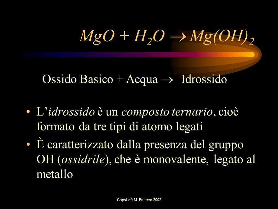 MgO + H2O  Mg(OH)2 Ossido Basico + Acqua  Idrossido