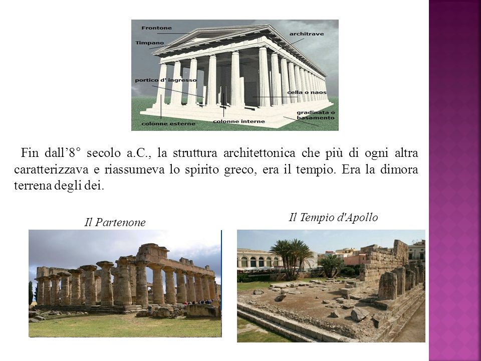 Fin dall’8° secolo a.C., la struttura architettonica che più di ogni altra caratterizzava e riassumeva lo spirito greco, era il tempio. Era la dimora terrena degli dei.