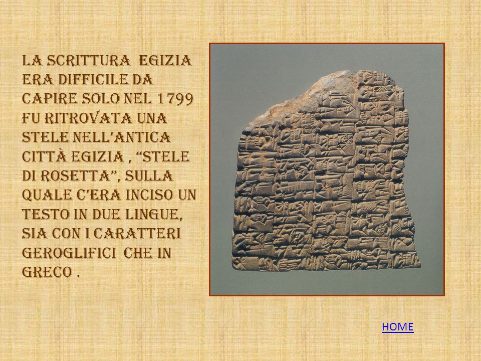 La scrittura egizia era difficile da capire solo nel 1799 fu ritrovata una stele nell’antica città egizia , Stele di Rosetta , sulla quale c’era inciso un testo in due lingue, sia con i caratteri geroglifici che in greco .