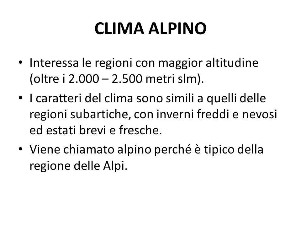 CLIMA ALPINO Interessa le regioni con maggior altitudine (oltre i – metri slm).