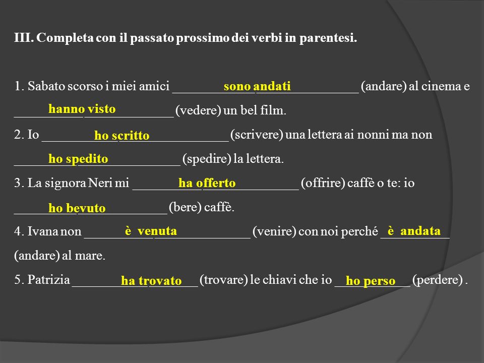 III. Completa con il passato prossimo dei verbi in parentesi.