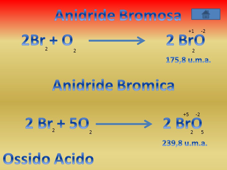 Anidride Bromosa 2Br + O 2 BrO Anidride Bromica 2 Br + 5O 2 BrO