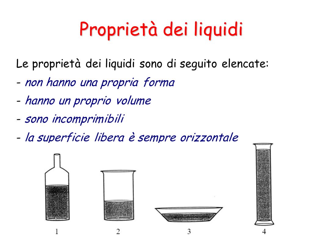 Proprietà dei liquidi Le proprietà dei liquidi sono di seguito elencate: - non hanno una propria forma.