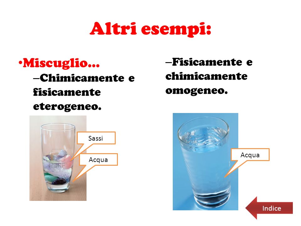 Altri esempi: Miscuglio… Fisicamente e chimicamente omogeneo.