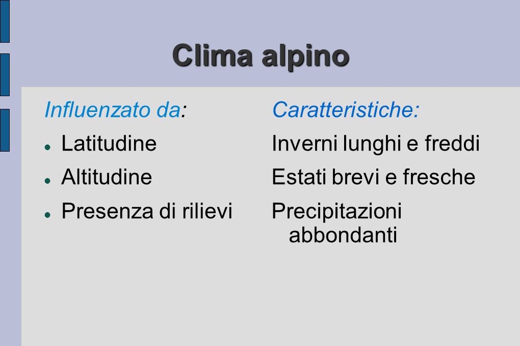 Clima alpino Influenzato da: Latitudine Altitudine Presenza di rilievi