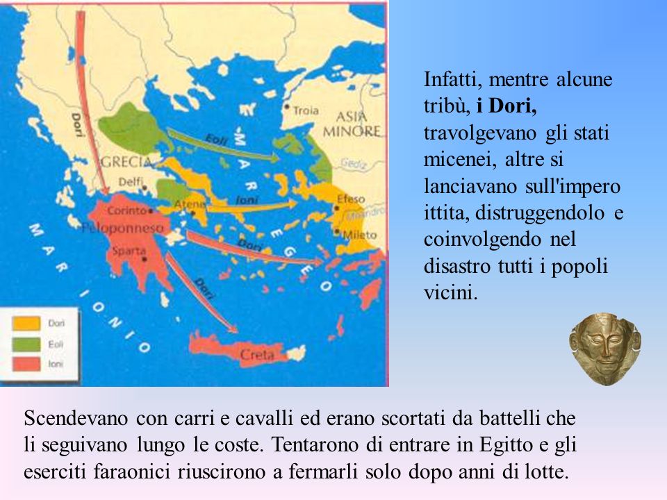 Infatti, mentre alcune tribù, i Dori, travolgevano gli stati micenei, altre si lanciavano sull impero ittita, distruggendolo e coinvolgendo nel disastro tutti i popoli vicini.