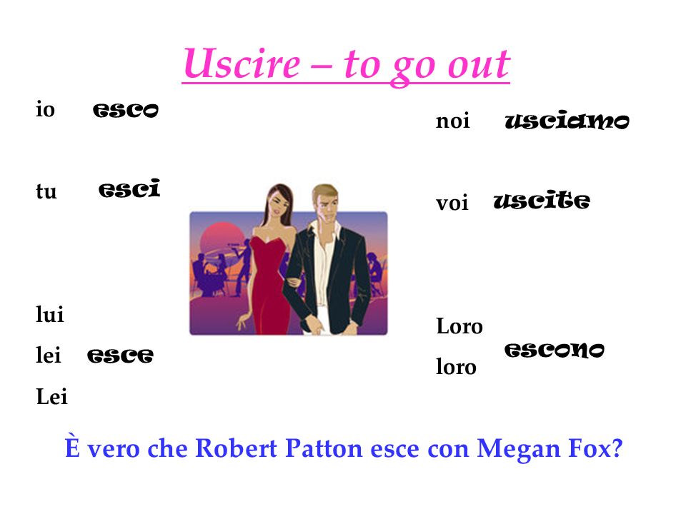 Uscire – to go out È vero che Robert Patton esce con Megan Fox io tu